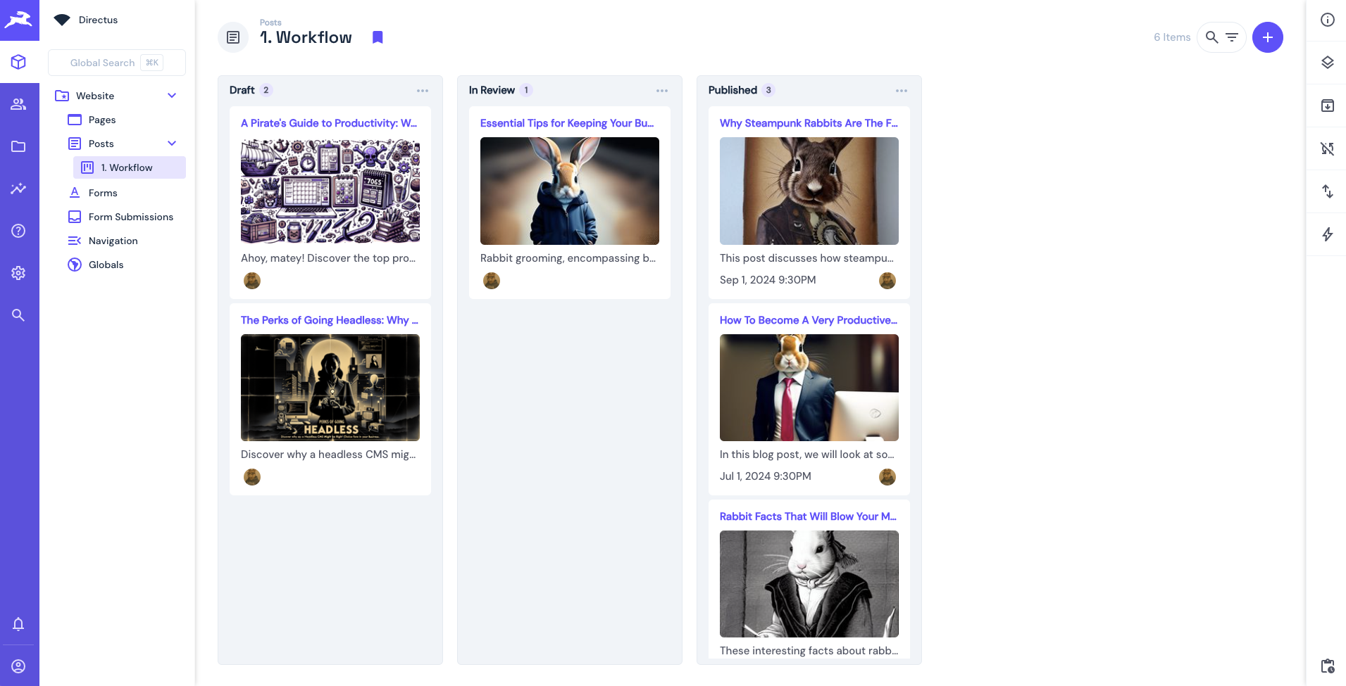 Screenshot of the existing posts in Directus