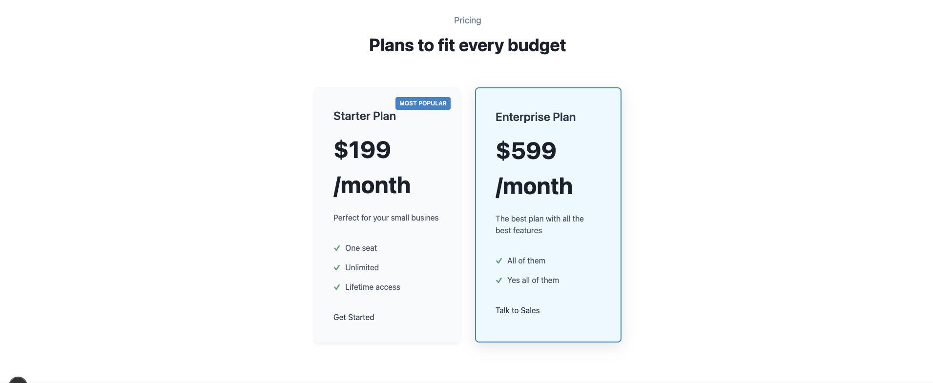 Preview of the pricing section